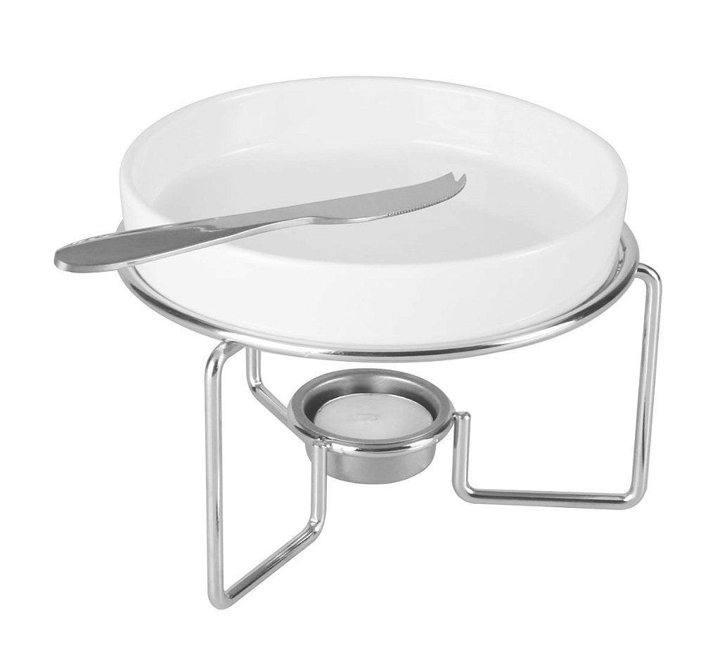 Cj 3 Peças Rechaud Cerâmica Para Queijo Brie Com Faca Aço Inox E Base Niquelada