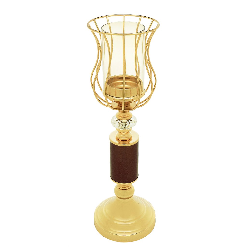 Castiçal Metal Vidro Dourado