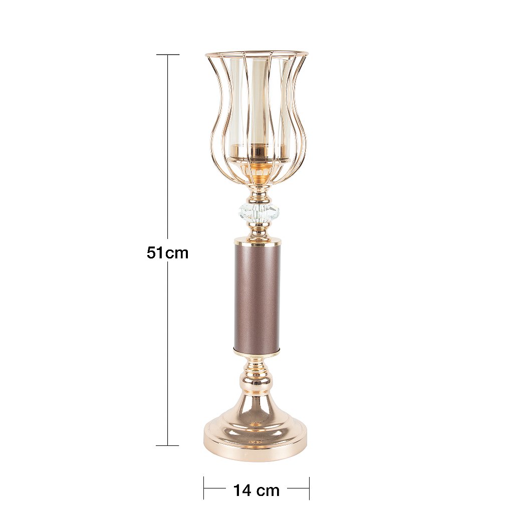 Castiçal Metal Vidro Dourado 51cm
